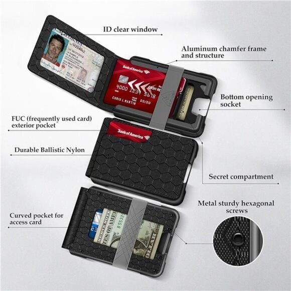 Mens Wallet Tactical Bifold Wallets for Men Metal RFID Blocking Aluminum Holder - Picture 2 of 7